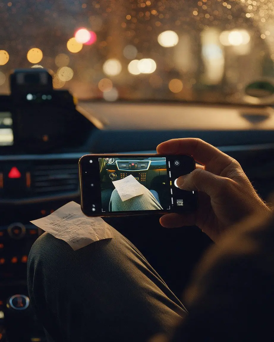 Taxachauffør i bilen om aftenen, der tager et billede af bonen med sin telefon