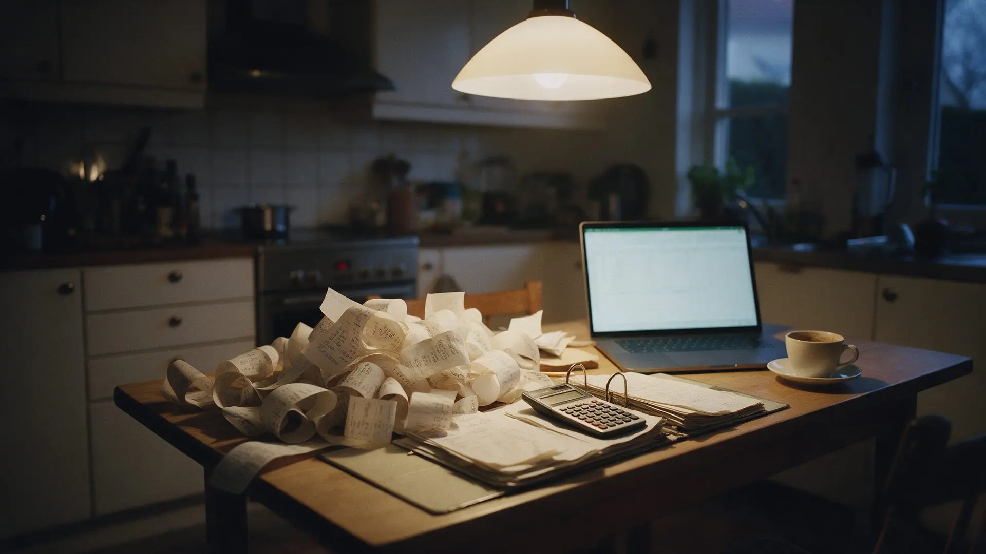 Køkkenbord om aftenen med en bunke bonner fra taxameteret, en ringbind, en lommeregner og et regneark på computeren